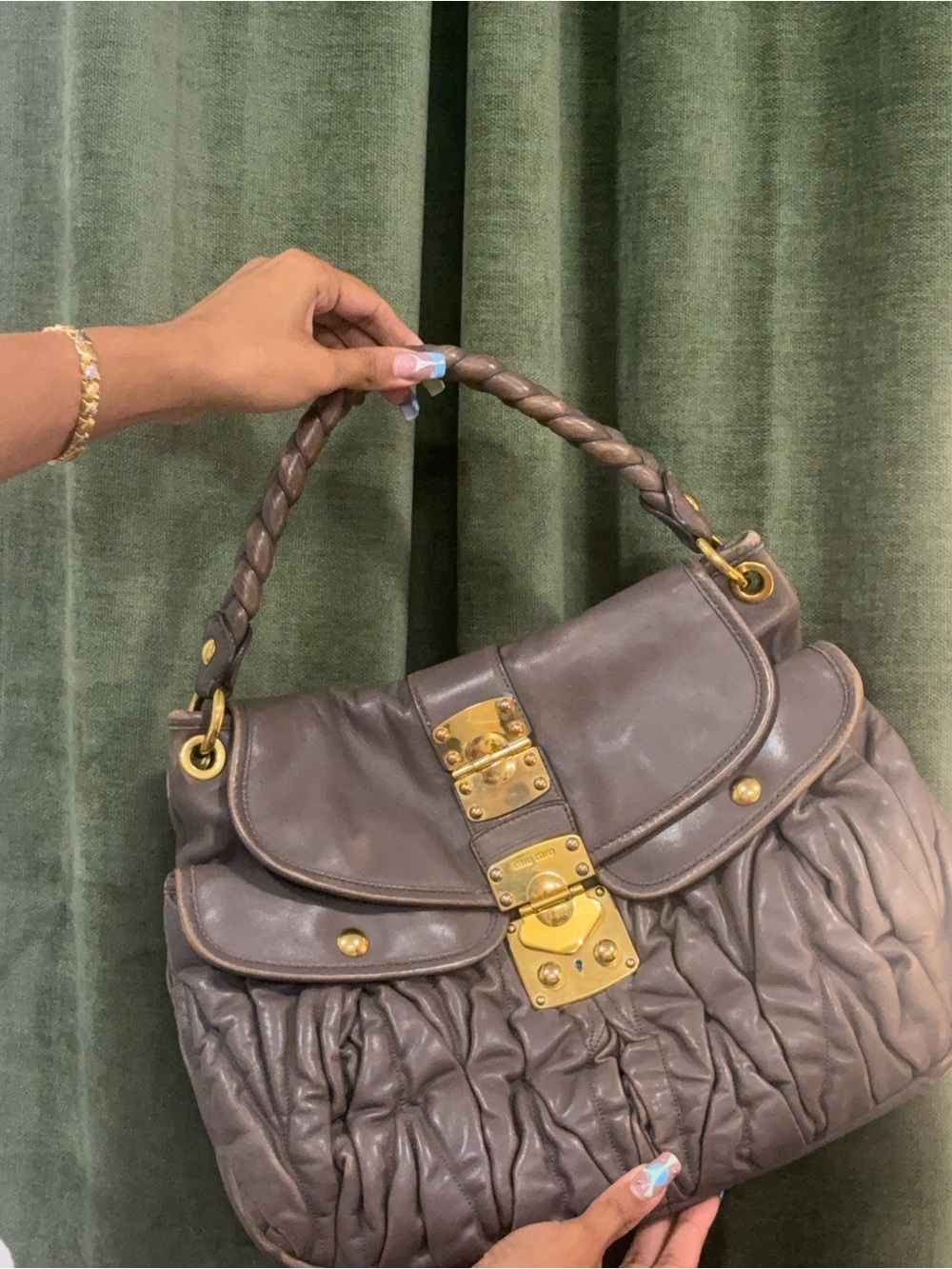 MIU MIU Grey Ruched Leather Coffer Handbag